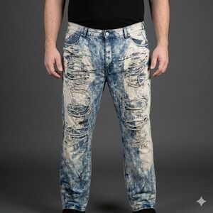 Lion Dynasty Slim Fit Bleach Splashed Heavily Ripped‎ Moto Jeans 46